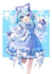  1girl adapted_costume blue_bow blue_dress blue_eyes blue_hair blue_nails blush bow cirno dress fairy fingernails frilled_dress frills hair_between_eyes hair_bow hair_ornament highres ice ice_wings kuroda_(chokobo_314) long_sleeves looking_at_viewer nail_polish open_mouth short_hair smile snowflake_hair_ornament solo touhou twitter_username wings 
