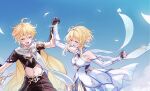  1boy 1girl aether_(genshin_impact) ahoge arm_armor arm_up bare_shoulders black_gloves blonde_hair blue_sky blush braid breasts brother_and_sister brown_gloves brown_pants brown_shirt closed_eyes cloud detached_sleeves dress feather_hair_ornament feathers fingerless_gloves flower flying genshin_impact gloves gradient_sky hair_between_eyes hair_flower hair_ornament hair_ribbon hand_up happy highres holding holding_hands long_hair long_sleeves lumine_(genshin_impact) medium_breasts natsukko_0606 navel open_mouth pants ribbon scarf shirt short_hair short_hair_with_long_locks short_sleeves siblings sidelocks sky smile star_(symbol) tongue white_dress white_flower white_ribbon white_scarf 