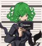  1girl :d black_dress breasts character_name curly_hair dress green_eyes green_hair highres holding holding_sign long_sleeves looking_at_viewer meme one-punch_man open_mouth rakeemspoon short_hair sign small_breasts smile solo tatsumaki upper_body 