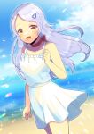  1girl :d bare_arms bare_shoulders beach blue_sky blurry blurry_background blush bow breasts choker cloud cloudy_sky collarbone commentary_request commission day depth_of_field dress frilled_dress frills grey_hair hair_ornament hairclip horizon kou_hiyoyo long_hair looking_at_viewer ocean original outdoors red_choker sand skeb_commission sky sleeveless sleeveless_dress small_breasts smile solo standing swept_bangs very_long_hair water white_bow white_dress 