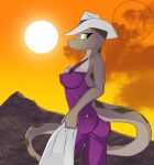 2012 anthro areola breasts brown_markings butt clothed clothing cloud cowboy_hat desert digital_media_(artwork) dyma_(justathereptile) female hat headgear headwear justathereptile looking_at_viewer markings non-mammal_breasts outside overalls overalls_only pit_viper purple_clothing purple_overalls rattlesnake reptile scales scalie sky smile snake solo sun tail tan_body tan_scales tan_skin towel viper watermark yellow_eyes yellow_sky 