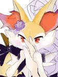  1girl animal_ear_fluff animal_ears animal_hands animal_nose blush body_fur bow bowtie braixen commentary disembodied_limb english_commentary flower fox_ears fox_girl furry furry_female hair_flower hair_ornament hands_up highres holding_hands light_blush looking_at_viewer neck_fur pokemon pokemon_(creature) pov purple_bow purple_bowtie purple_flower purple_rose red_eyes rose solo_focus stick two-tone_fur upper_body white_fur yellow_fur zen_(koko) 