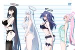  4girls arm_under_breasts ass black_bra black_garter_belt black_hair black_panties black_thighhighs blue_archive blue_eyes bra breast_envy breasts camisole character_request closed_eyes copyright_name from_side garter_belt halo height_chart highres large_breasts lingerie medium_breasts multiple_girls noa_(blue_archive) open_mouth panties parted_lips pink_hair purple_hair red_eyes rio_(blue_archive) seminar_(blue_archive) small_breasts thighhighs underwear underwear_only white_camisole white_hair yoru0409 yuuka_(blue_archive) 