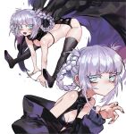  black_nails blue_eyes blush boots braid breasts cape cleavage_cutout clothing_cutout crop_top fangs foolish_potato highres looking_at_viewer midriff nanakusa_nazuna_(yofukashi_no_uta) short_shorts shorts small_breasts trench_coat twin_braids vampire white_background white_hair yofukashi_no_uta 