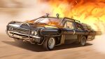  chevrolet chevrolet_el_camino explosion fast_x fire highres motion_blur motor_vehicle no_humans pickup_truck shadow the_fast_and_the_furious truck vehicle_focus zagin_sisu 