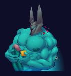  &lt;3 abs abstract_background anthro armor blue_body body_hair color_wheel_challenge condom erection genitals ghost glowing glowing_eyes headgear helmet hi_res holding_penis humanoid humanoid_genitalia humanoid_penis league_of_legends lemonzealot male mordekaiser_(lol) muscular muscular_male nipples not_furry pecs penis riot_games sexual_barrier_device solo spirit 