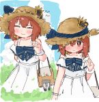  1girl adapted_turret bag blue_bow bow brown_eyes brown_hair brown_headwear cannon closed_eyes dress hat kantai_collection looking_at_viewer multiple_views official_alternate_costume short_hair smile sun_hat sundress turret wateru white_dress yukikaze_(kancolle) 