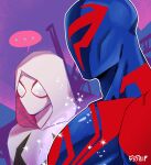  ... 1boy 1girl 535zip artist_name blue_bodysuit bodysuit english_commentary highres hood hood_up hooded_bodysuit large_pectorals looking_at_pectorals marvel mask meme muscular muscular_male outline pectoral_envy_(meme) pectorals red_bodysuit signature skin_tight sparkle speech_bubble spider-gwen spider-man:_across_the_spider-verse spider-man_(2099) spider-man_(series) spider_web_print spoken_ellipsis superhero two-tone_bodysuit white_bodysuit white_mask white_outline 