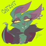  1:1 2023 activision anthro bat bust_portrait catbat_(crash_bandicoot) clothed clothing crash_bandicoot_(series) domestic_cat ear_piercing fangs felid feline felis front_view fur green_background green_body green_fur hi_res hybrid jacket lordalmira male mammal nonbinary_(lore) open_clothing open_jacket open_topwear piercing portrait signature simple_background solo teeth text topwear yellow_sclera 