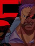 1boy absurdres character_name facial_hair highres looking_at_viewer one_piece one_piece_film:_z open_mouth pipe_in_mouth purple_hair red_background short_hair smile smoking smoking_pipe solo solo_focus sunglasses teeth yao_yasan zephyr_(one_piece) 