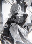  1boy 1girl androgynous ankou_(shuuen_no_virche) bishounen bow ceres_(shuuen_no_virche) closed_eyes dress greyscale hair_bow highres hug long_hair long_sleeves male_focus monochrome parted_lips rendong06 short_sleeves shuuen_no_virche teeth tree twitter_username 