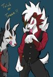  2021 2volt_shirka ambiguous_gender anthro biped black_body black_fur blue_background brown_claws brown_nose claws clothed clothing duo fur generation_3_pokemon generation_7_pokemon grey_body grey_fur looking_at_viewer lycanroc midnight_lycanroc mightyena multicolored_body multicolored_fur necktie nintendo pink_tongue pokemon pokemon_(species) red_body red_eyes red_fur red_nose signature simple_background tail text tongue tongue_out two_tone_body two_tone_fur white_body white_fur yellow_sclera 