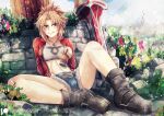  1girl bare_legs belt blonde_hair blue_shorts boots breasts can day denim denim_shorts eyes_visible_through_hair fate/apocrypha fate_(series) flower full_body fur-trimmed_shorts fur_trim gensox greatsword green_eyes grin hair_ornament hair_scrunchie hand_up high_ponytail highres holding holding_can jacket jewelry knee_up leaning_back linea_alba long_hair long_sleeves looking_at_viewer medium_breasts mordred_(fate) navel open_clothes open_jacket outdoors paid_reward_available patreon_logo pendant red_jacket scrunchie short_shorts shorts smile solo spread_legs stomach strapless sword tube_top unzipped weapon web_address zipper 