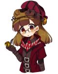  1girl belt belt_buckle black_belt brown_hair buckle collared_shirt commentary_request cropped_torso double_bun e.g.o_(project_moon) employee_(lobotomy_corporation) empty_eyes frilled_hat frills glasses grey_shirt grey_vest hair_bun hat hat_bell holding holding_smoking_pipe hoshizuki_sakusa jacket layered_sleeves lobotomy_corporation long_hair long_sleeves mask mask_removed multiple_belts necktie no_nose open_clothes open_jacket open_mouth orange_eyes project_moon rectangular_eyewear red_headwear red_jacket red_mask red_necktie shirt short_over_long_sleeves short_sleeves simple_background smoking_pipe solo upper_body vest white_background 