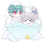  &gt;_&lt; +_+ blush brown_hair chibi closed_eyes closed_mouth g_ieep green_hair hair_between_eyes maplestory nude red_eyes rubber_duck shared_bathing simple_background soap_bubbles thick_eyebrows twintails white_background 