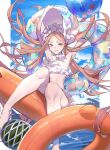 1girl abigail_williams_(fate) abigail_williams_(swimsuit_foreigner)_(fate) armpits arms_up bare_arms bare_legs bare_shoulders blonde_hair blue_eyes border breasts choker closed_mouth cloud fate/grand_order fate_(series) feet_out_of_frame hat konatu_yuri light_blush long_hair looking_at_viewer outdoors parted_bangs sky small_breasts smile solo spread_legs swimsuit very_long_hair water white_border white_headwear white_swimsuit 