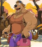  anthro bottomwear bulge canid canine canis clothing domestic_dog fox gh0stfood hat headgear headwear looking_at_viewer male mammal outside shorts 
