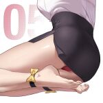  1girl ankle_strap aru_(blue_archive) ass barefoot black_skirt blue_archive bow breasts highres hip_focus khoaphan96 large_breasts lower_body miniskirt panties pantyshot pencil_skirt red_panties shirt shirt_tucked_in side_slit skirt solo thighs toes underwear white_shirt yellow_bow 
