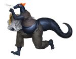  anthro barefoot belly black_body black_skin bottomwear cettus clothed clothing dragon feet frill_(anatomy) fritjof frown hi_res holding_object looking_back male orange_eyes overweight overweight_male painting_(object) pants running shirt side_view simple_background solo stealing tail topwear white_background 