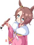  1girl :p animal_ears blue_eyes blush brown_hair calligraphy_brush closed_mouth commentary_request facepaint fur_collar hair_between_eyes holding holding_brush horse_ears japanese_clothes kimono looking_at_viewer momoda_yasuhito narita_taishin_(umamusume) obi paintbrush parted_bangs pink_kimono sash simple_background smile solo tongue tongue_out umamusume upper_body white_background 