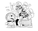  3boys =3 bell big_nose buttons cabbie_hat clenched_hands clenched_teeth collar commentary_request dated doraemon doraemon_(character) facial_hair foot_up frown gloves greyscale hand_ball hand_to_own_mouth hands_up hat height_difference jingle_bell koaraymt letter long_sleeves mario_(series) monochrome motion_lines multiple_boys mustache open_mouth overalls pointing pointy_ears pointy_footwear shadow shirt short_hair signature sweatdrop teeth thick_eyebrows upper_teeth_only v-shaped_eyebrows waluigi wario whiskers wide-eyed 