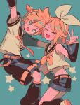 1boy 1girl aqua_eyes arm_up bare_shoulders belt belt_buckle black_shorts black_sleeves black_socks blonde_hair blush brother_and_sister buckle closed_eyes commentary detached_sleeves hair_ornament hair_ribbon hairclip hand_up headphones highres kagamine_len kagamine_rin looking_at_viewer menma_(enaic31) midriff neckerchief open_mouth ribbon sailor_collar shirt short_hair shorts siblings simple_background sleeveless sleeveless_shirt socks star_(symbol) swept_bangs symbol-only_commentary twins twitter_username v vocaloid white_ribbon white_shirt yellow_belt yellow_neckerchief 