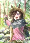  1girl :d absurdres animal animal_ears backpack bag brown_hair commentary_request ears_through_headwear fish fishing_rod fusou_(fuso0205) gloves hair_over_one_eye hat highres holding holding_fishing_rod hood hood_down horse_ears horse_girl horse_tail jacket long_hair looking_at_animal open_mouth outdoors pants purple_eyes rice_shower_(umamusume) rock salmon smile solo splashing tail tree umamusume water 