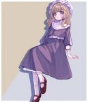  1girl blonde_hair closed_mouth commentary expressionless full_body hat invisible_chair long_hair long_sleeves looking_at_viewer maribel_hearn mary_janes mob_cap purple_eyes purple_shirt purple_skirt red_footwear shirt shoes sitting skirt socks solo symbol-only_commentary touhou white_socks yujup 