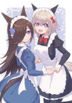  2girls alfatyomo alternate_costume animal_ears black_hair blush breasts closed_mouth curren_chan_(umamusume) enmaided grey_hair hair_between_eyes hair_ornament hair_over_one_eye highres holding_hands horse_ears horse_girl horse_tail long_hair looking_at_viewer maid maid_headdress medium_breasts medium_hair multiple_girls open_mouth rice_shower_(umamusume) simple_background smile tail umamusume 