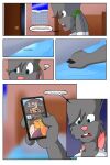  age_difference anthro bedroom cellphone comic divine_acid ears_tied_back female green_eyes hi_res human lagomorph leporid lordmarukio male mammal open_door phone rabbit series speech_bubble teenager text young younger_male 