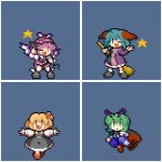  4girls animal_ears antennae bird_ears bird_wings black_footwear black_skirt black_vest blonde_hair blue_pants broom brown_dress brown_headwear brown_socks dog_ears dress green_eyes green_hair hair_ribbon hat kasodani_kyouko kirai_shouen long_sleeves lowres multiple_girls mystia_lorelei pants pink_eyes pink_hair pixel_art purple_dress red_eyes red_footwear red_ribbon ribbon rumia shoes short_hair skirt socks star_(symbol) touhou vest white_wings winged_footwear winged_hat wings wriggle_nightbug 