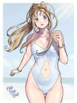  1girl aa_megami-sama antenna_hair aqua_eyes beach belldandy blonde_hair blurry blurry_background bracelet breasts clothing_cutout collarbone facial_mark highres jewelry kenken28937178 long_hair looking_at_viewer navel navel_cutout ocean one-piece_swimsuit open_mouth outdoors side_cutout signature sky solo sunlight swimsuit white_one-piece_swimsuit 