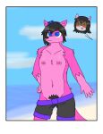  absurd_res accessory anthro beach black_clothing black_swimming_trunks black_swimwear brown_hair canid canine canis clothing exhibitionism female female/female female_focus fur hair hair_accessory hi_res mammal mouse murid murine nipples pink_body pink_fur pubes rodent seaside swimming_trunks swimwear tracat wolf 