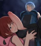  1girl 2girls afrobull aqua_(kingdom_hearts) bare_shoulders blue_eyes blue_hair breasts cheek_press detached_sleeves erection futa_with_female futanari highres jewelry kairi_(kingdom_hearts) kingdom_hearts large_penis looking_at_penis multiple_girls penis penis_on_face red_hair short_hair sleeveless smile smug testicles veins veiny_penis 