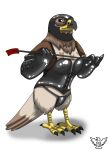  2019 accipitrid accipitriform anthro aroo_breastentein avian beak bird brown_body brown_feathers clothing dominatrix family_guy feathers female full-length_portrait gloves handwear hi_res latex latex_gloves mask portrait riding_crop simple_background solo standing talons thong underwear whip white_background 