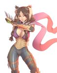  1girl alternate_costume ass_visible_through_thighs breasts brown_hair carrot cleru_(cleruuuuu) fingerless_gloves fire_emblem fire_emblem_awakening gloves highres knife large_breasts long_hair looking_at_viewer panne_(fire_emblem) pants rabbit_girl red_eyes scarf solo twintails weapon 