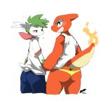  2023 anthro blush bottomwear charmeleon clenched_teeth clothing duo embarrassed fur generation_1_pokemon generation_4_pokemon green_eyes half-closed_eyes hand_holding happy legendary_pokemon looking_at_another looking_at_partner male moesouna_gomi narrowed_eyes nintendo orange_body orange_scales pokemon pokemon_(species) raised_tail scales school_uniform shaymin shirt shorts simple_background sky_forme_shaymin tail teeth topwear underwear uniform white_background white_body white_fur 