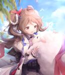  1girl :d animal animal_ears arknights beach black_skirt blue_sky blurry blurry_foreground brown_eyes brown_hair brs_(33143752) cloud collared_shirt commentary_request day depth_of_field eyjafjalla_(arknights) eyjafjalla_the_hvit_aska_(arknights) horns jacket long_sleeves open_clothes open_jacket outdoors palm_tree puffy_long_sleeves puffy_sleeves purple_shirt red_eyes sheep sheep_ears sheep_girl sheep_horns shirt side_ponytail skirt sky sleeves_past_wrists smile solo tree water water_drop white_jacket 