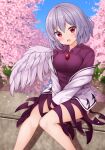  1girl blush buttons cherry_blossoms collared_dress dress feathered_wings grey_hair hair_between_eyes highres jacket kishin_sagume long_sleeves open_mouth purple_dress red_eyes short_hair single_wing sitting smile solo suigetsu_(watermoon-910) touhou white_jacket white_wings wings 