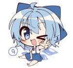  &gt;_o 1girl ahoge blue_bow blue_eyes blue_hair blue_skirt bow chibi circled_9 cirno collared_shirt commentary defosko full_body hair_bow highres looking_at_viewer one_eye_closed shirt short_hair simple_background sitting skirt solo touhou w white_background white_shirt 