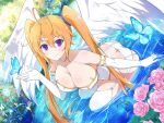  1girl ahoge angel angel_wings ass bare_shoulders between_breasts blonde_hair blue_butterfly blue_flower blue_rose blush breasts bug bush butt_crack butterfly choker cleavage corset crossover elbow_gloves feathered_wings feathers flower garter_belt garter_straps gloves gold gold_trim grass hair_between_eyes high_school_dxd high_school_dxd_new in_water large_breasts leaf lens_flare light_particles long_hair looking_at_viewer official_art panties pink_flower pink_rose plant purple_eyes rose senran_kagura senran_kagura_new_link shallow_water shidou_irina shiny_skin sitting smile solo thighhighs tree twintails underwear very_long_hair water white_choker white_corset white_flower white_garter_belt white_panties white_rose white_thighhighs white_wings wings yaegashi_nan 