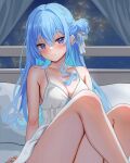 1girl absurdres bare_legs blue_eyes blue_hair breasts cleavage closed_mouth collarbone curtains dress hair_bun highres hololive hoshimachi_suisei indoors long_hair looking_at_viewer nightgown o29sukizero sitting sky small_breasts smile solo star_(sky) starry_sky thighs virtual_youtuber white_dress white_nightgown window 