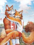  akatan_art anthro black_nose blue_sky canid cheek_tuft clothed clothing cloud duo embrace english_text eyes_closed facial_tuft fur hi_res holding_another hug male mammal neck_tuft orange_body orange_eyes orange_fur outside plant sky standing text tree tuft white_body white_fur 