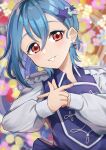  1girl absurdres birthday blue_hair blush commentary earrings floral_background hair_ornament highres jewelry kyaku_tatsu looking_at_viewer love_live! love_live!_superstar!! orange_eyes short_hair signature smile solo star_(symbol) star_hair_ornament upper_body wakana_shiki 