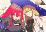  2girls artist_name baobhan_sith_(fate) baobhan_sith_(swimsuit_pretender)_(fate) black_bow blonde_hair blue_eyes bow breasts fate/grand_order fate_(series) glasses grey_eyes hat kabutomushi_s large_breasts long_hair multiple_girls pink_hair pointy_ears tonelico_(fate) tongue tongue_out witch_hat 