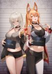  2girls :o absurdres animal_ears bare_shoulders black_choker black_jacket black_pants black_shirt black_shorts blonde_hair bra_strap breasts chain choker choyeon cleavage clenched_teeth collar commission cowboy_shot crop_top dolphin_shorts dungeon_and_fighter ellin_meiji fang fox_ears fox_girl grey_shirt hand_up highres jacket large_breasts leash lethe_rin long_sleeves looking_to_the_side micro_shorts midriff multiple_girls name_tag navel off_shoulder open_clothes open_jacket open_mouth original pants ponytail raised_eyebrow red_eyes second-party_source shirt short_shorts shorts simple_background sleeveless sleeveless_shirt sports_bra standing stomach strap_gap sweatband taut_clothes taut_shirt teeth thighs v-shaped_eyebrows white_background white_hair white_jacket 
