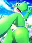 2023 4_fingers absurd_res anthro big_butt biped butt digital_media_(artwork) eyewear fingers gesture green_yoshi hi_res looking_at_viewer male mario_bros mostly_nude nintendo rear_view selfie simple_background smile solo sunglasses thelewdshi thick_thighs v_sign yoshi 