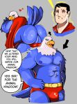  &lt;3 2022 accipitrid accipitriform anthro avian bird black_hair blue_body blue_clothing bulge cape clothing coolietf eagle english_text hair hi_res human male mammal nipples red_clothing red_underwear solo speech_bubble superhero superman text transformation underwear white_body 