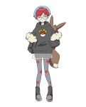  1girl aoharu_(aohr222) backpack bag boots brown_bag closed_mouth commentary_request full_body glasses grey_eyes hand_in_pocket highres hood hoodie multicolored_hair pantyhose penny_(pokemon) poke_ball_print pokemon pokemon_(game) pokemon_sv red_hair round_eyewear see-through see-through_skirt short_hair shorts shorts_under_skirt simple_background skirt solo standing two-tone_hair white_background 