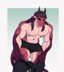 abs ajdrawsnice anthro belt bulge clothed clothing dragon eyes_closed hi_res horn male muscular muscular_male nipples partially_clothed pecs simple_background solo underwear undressing 